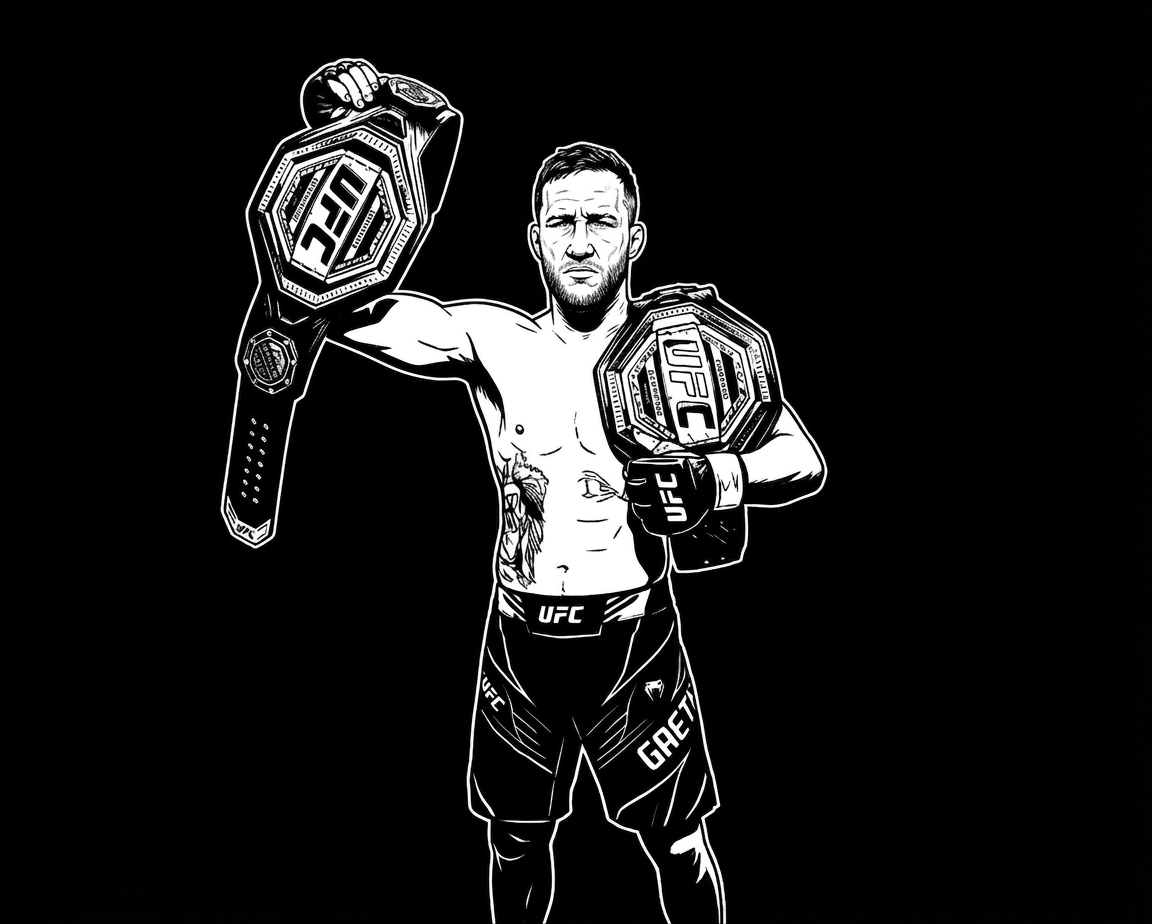 UFC champion celebrating victory UFC fighter holding two championship belts raised in celebration