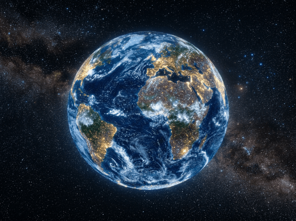 Earth showing Europe, Africa, and South America illuminated at night